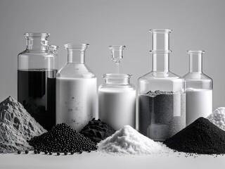 A collection of glass containers holding various powders and liquids, showcasing a range of textures and colors against a minimalist background.