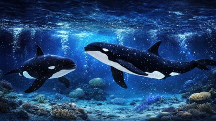 Obraz premium Orcas Swimming with Bioluminescent Sea Life