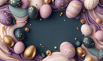 festive easter eggs with bright bibrant colours, golden dust and sparkles, colour waves. Top view.
