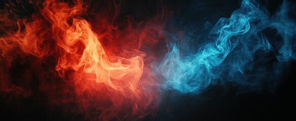 Fototapeta premium Abstract image featuring swirling red and blue smoke-like textures on a dark background