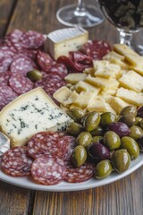A platter filled with various meats, cheeses, olives, and crackers for a snack or appetizer