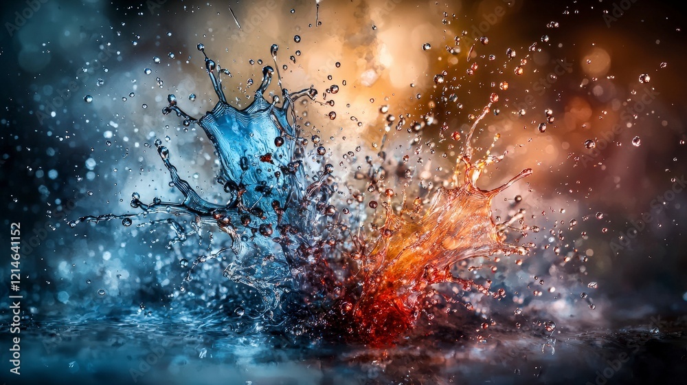 Poster dynamic water splashes creating colorful drops indoor studio macro photography vibrant atmosphere cl