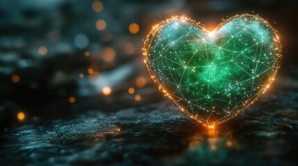 Fototapeta premium A shining green heart is lit up on a dark background, creating a striking visual effect