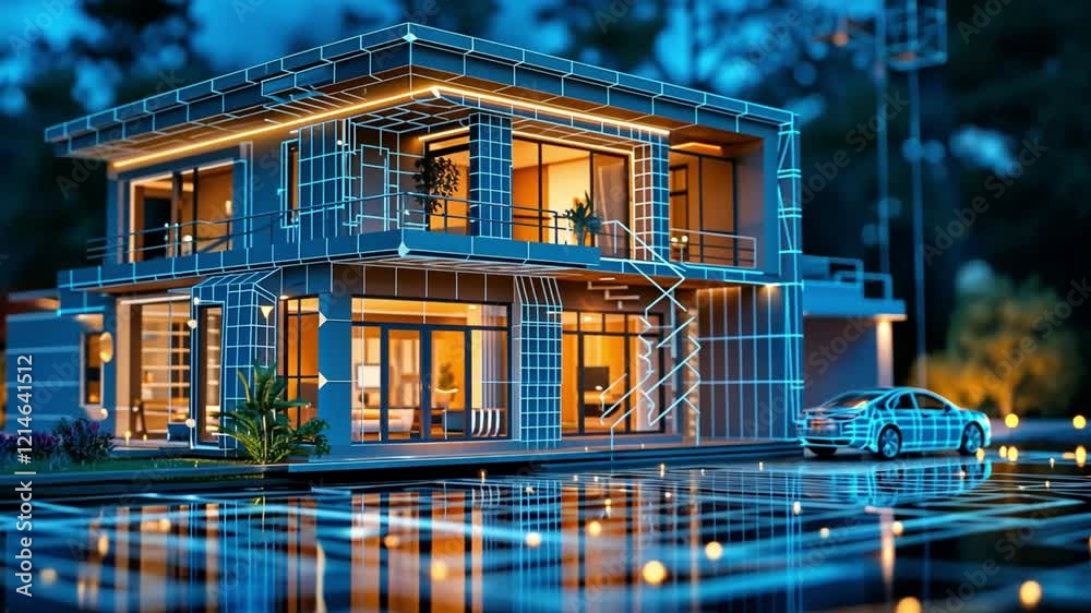 Poster a striking modern house features an illuminated exterior with sleek architecture, surrounded by a be