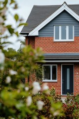 Modern brick house surrounded by lush greenery with flowers in the foreground on a cloudy day in a residential neighborhood