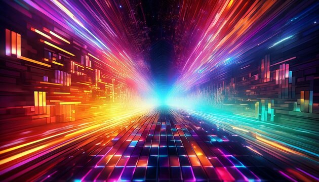 vibrant abstract light tunnel with dynamic colors and pixelated patterns in a digital space