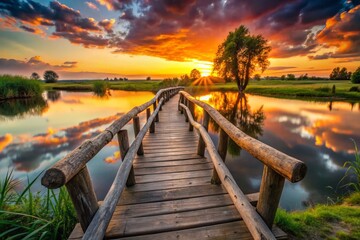Fototapeta premium Silhouette of Wooden Bridge Over Calm River at Sunset, Sharp Logs Near Pond