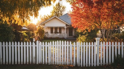Cozy Autumn Cottage Surrounded by Vibrant Fall Foliage and Fence