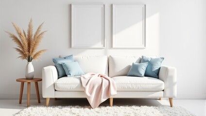 Elegant white leather couch adorned with four blue pillows, draped by a cozy pink blanket. Set against a pristine white rug and paired with a quaint round wooden table