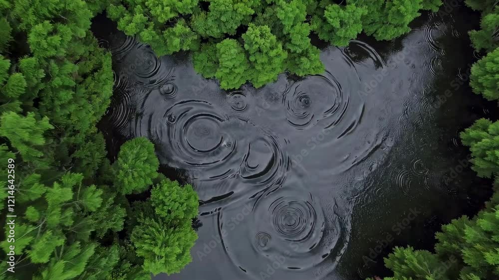 Poster Aerial view of rain creating concentric circles on the dark surface of a small pond surrounded by lush green trees in a forest, offering a tranquil and mesmerizing natural scene