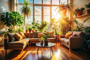 Silhouette Photography: Sunlit Living Room with Plants & Sofa