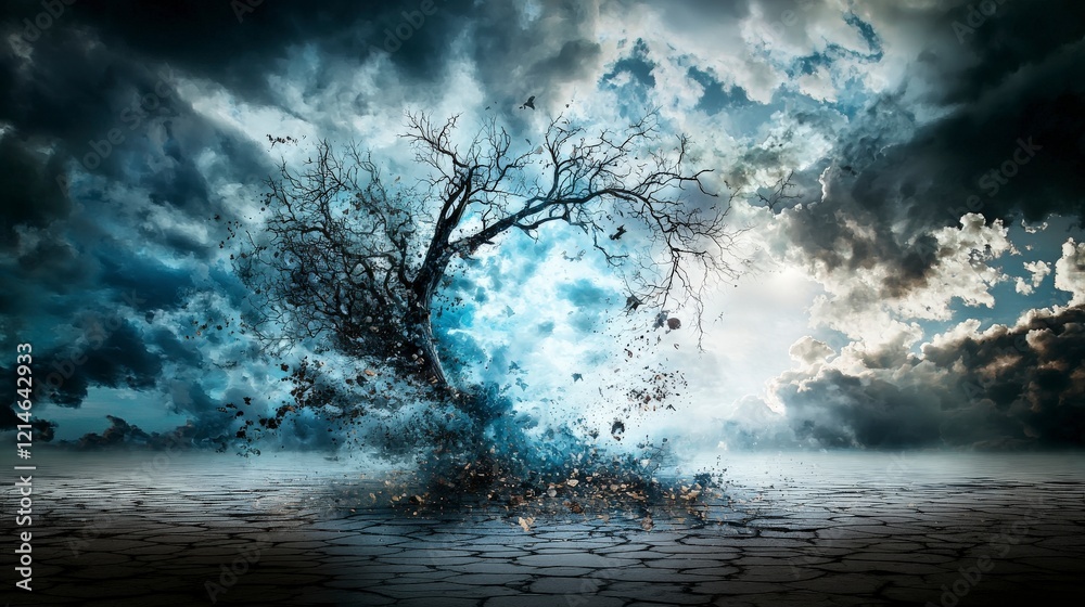Poster fragmented thoughts drifting in empty air amidst a stormy landscape nature art surreal environment a