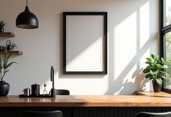 Stylish Retro Home Bar, Black Framed Art, White Walls, Black & White Details, Morning Light, Lived-In Space, Modern Bar Design, Vintage Inspired.

