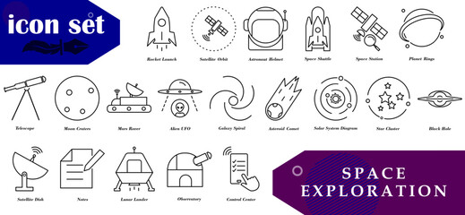 Space exploration line icon set with modern and minimalist design. Ideal for educational apps, space websites, social media, scientific presentations etc.