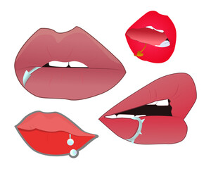 A unique and modern illustration set featuring various types of lip piercing designs. Ideal for fashion design, posters, piercing studio branding, social media, and merchandise products.