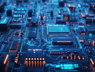 Fototapeta premium Blue circuit board background with digital technology and computer engineering concept. Ideal for abstract tech banners, web, print, or presentations, featuring copy space and big data technology.