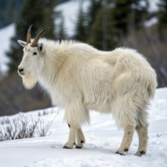 Dignified Mountain Goat Standing Alert in Snowy Winter Forest Landscape