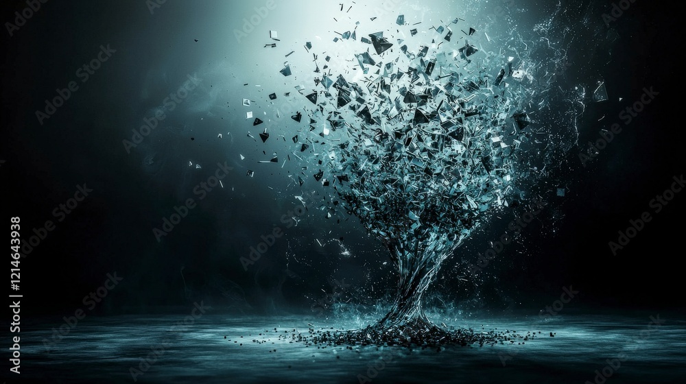 Poster shattered glass fragments thoughts falling into an infinite void of surreal abstract art in a dark d