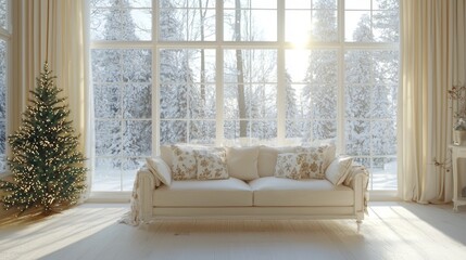 Fototapeta premium Cozy Winter Haven - Stylish Sofa with January Pillow Covers Bathed in Crisp Daylight Through Large Window, Ultra-Detailed Interior Cinematic Shot