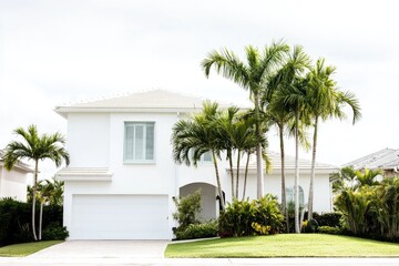 Obraz premium A beautiful white house surrounded by palm trees, perfect for tropical or beach-themed designs