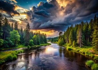 Fototapeta premium Silhouetted Forest River, Cloudy Day - Dramatic Nature Photography