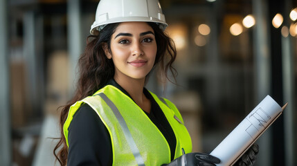 young indian female engineer holding blueprints