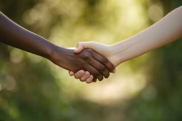 Diverse Women Joining Hands in Supportive Unity Gesture Against Natural Green Background