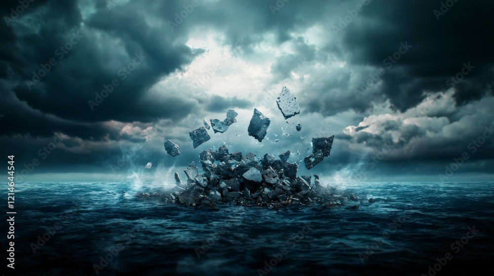 Poster fragmented reflections of cognition ocean depths digital art stormy environment aerial view abstract