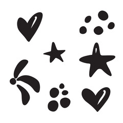 Abstract vector doodle designs in shape of star, heart. splashes, dots isolated on white background. Hand drawn vector sketch illustration in doodle vintage engraved line art style. Ink drawing