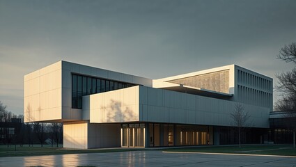Obraz premium A modern architectural structure featuring angular shapes, large windows, and a minimalist design set against a moody sky.