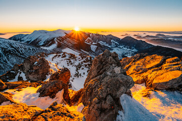 Winter hiking to Velky Rozsutec in Mala Fatra National park is full of beautiful views. Sunset in Slovakia mountains. Slovakia landscape
