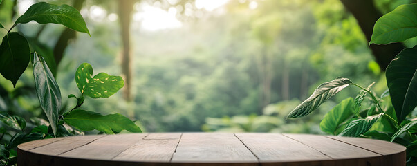 A serene wooden table in a lush green forest, ideal for nature-inspired creativity.