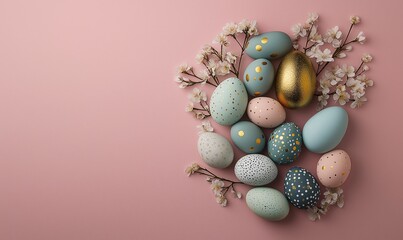 Festive easter light coloured background. Happy easter concept, eggs, flowers, herbs	