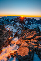 Naklejka premium Winter hiking to Velky Rozsutec in Mala Fatra National park is full of beautiful views. Sunset in Slovakia mountains. Slovakia landscape