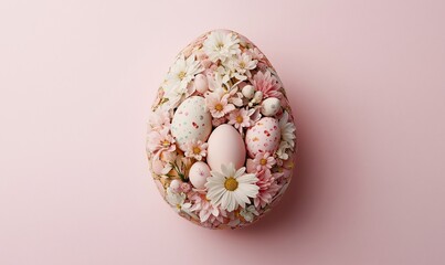 Easter decorations eggs and flowers shaped in egg form, festive happy easter top  view light pink background.