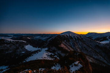 Winter hiking to Velky Rozsutec in Mala Fatra National park is full of beautiful views. Sunset in Slovakia mountains. Slovakia landscape