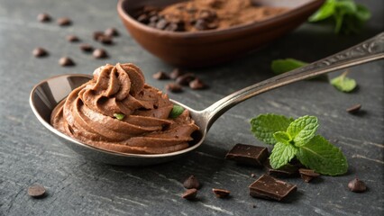 Fototapeta premium An elegant s cradles a dollop of creamy proteininfused chocolate mousse its silky texture highlighted under a focused beam of light. The surface glimmers enticingly while a