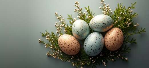 Festive easter light coloured background. Happy easter concept, eggs, flowers, herbs	
