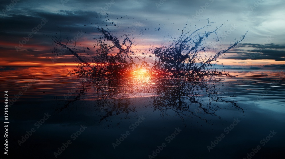 Poster destructive splashes at sunset ocean shore digital art nature low angle view isolation concept