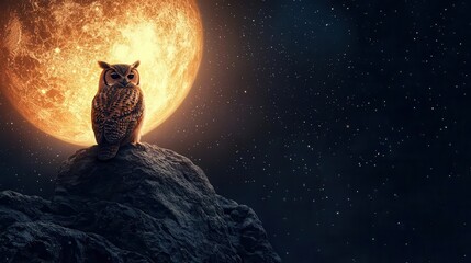 Owl perched on a glowing satellite orbiting a planet, silent watcher, 3D illustration
