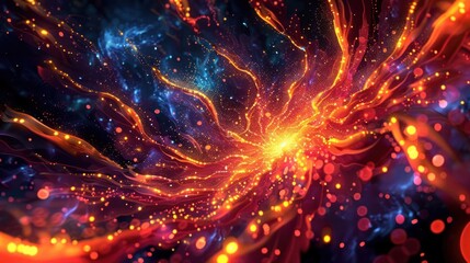 Fototapeta premium Vibrant cosmic explosion with swirling energy and luminous particles in a dark space background