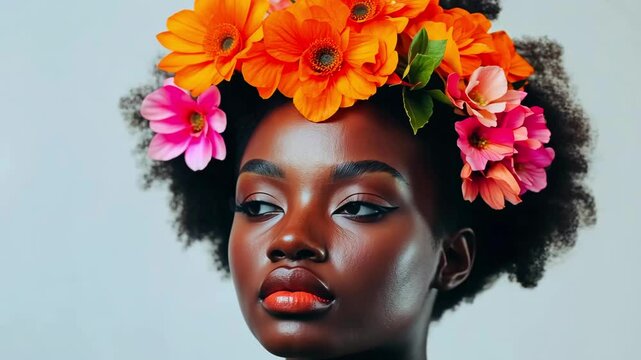 Afro American woman wearing flower crown radiating beauty against a neutral background  