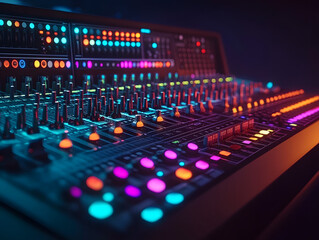 Professional audio mixing console with colorful LED lights in a studio setting at night