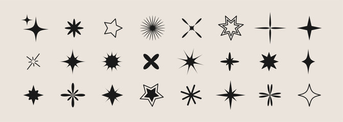 Set of different shining stars icon, glowing light effect, decorative twinkle forms, abstract sparkling flash elements. Y2k vector abstract shapes for design, posters, banners, cards
