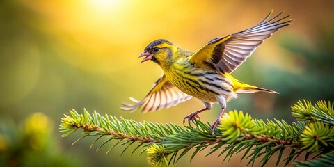 Siskin Bird Landing on Spruce Branch - Candid Wildlife Photography