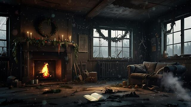 Christmas decorations in a post-apocalypse living room. Seamless 4K looping timelapse video animation background