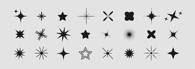 Set of different shining stars icon, glowing light effect, decorative twinkle forms, abstract sparkling flash elements. Y2k vector abstract shapes for design, posters, banners and cards