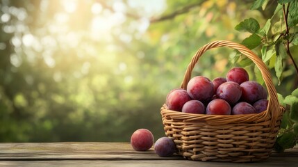 Plums in basket, garden background, sunny day, fresh fruit