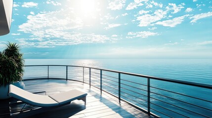 A luxurious penthouse balcony overlooking a serene ocean view.