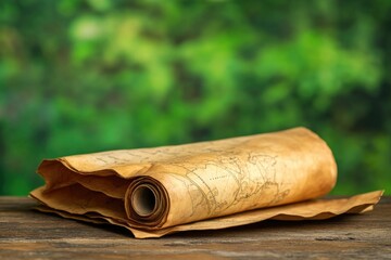 A roll of paper sitting on a wooden table, ideal for office or study settings